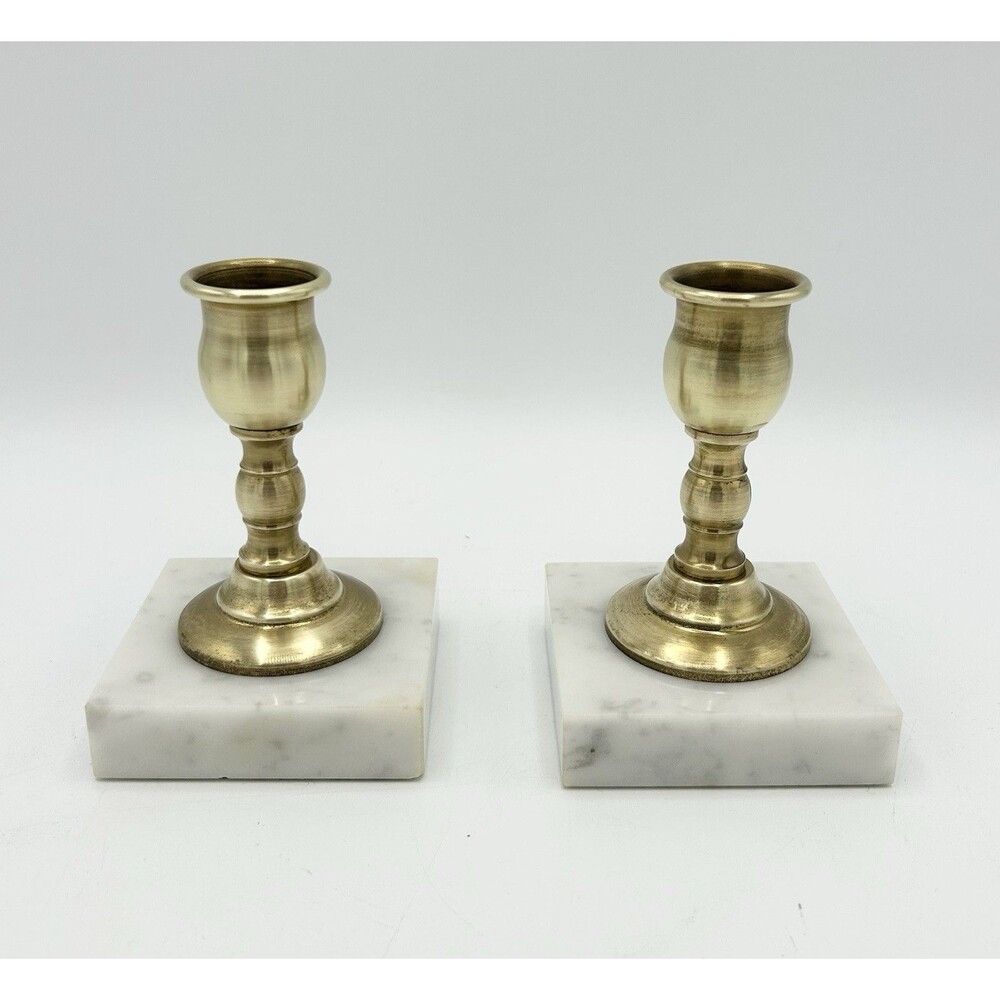 Vintage MCM Pair of Brass & Marble Based Taper Candle Sticks 4”